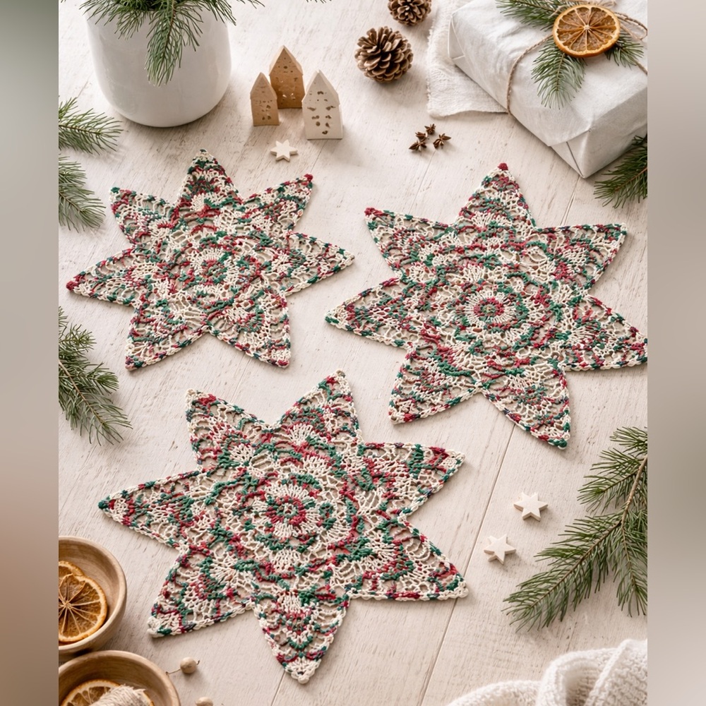 Vintage crochet star doilies Christmas snowflakes Cottage Set of 3 Ornaments